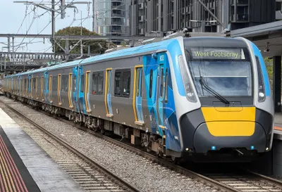 A suburban train at Footscray station; the destination is shown on the display above the windscreen