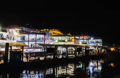 Sadarghat after dark — the big launches for the southern delta leave from the evening onwards