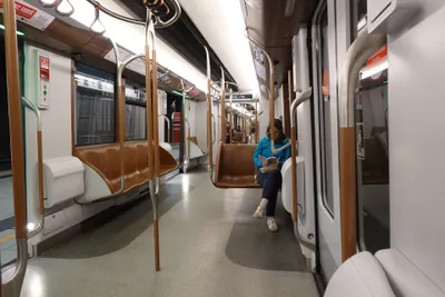 Inside an M7 train — no partitions between cars, so you can see right through.