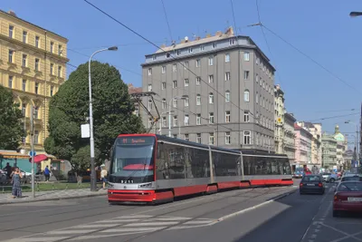 A low-floor Škoda 15T on line 11, with the route number and destination on the front