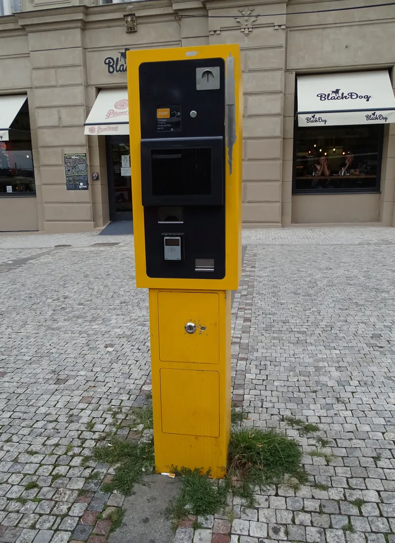 A ticket machine at a tram stop - this is where coins work; the terminal on board does not take cash