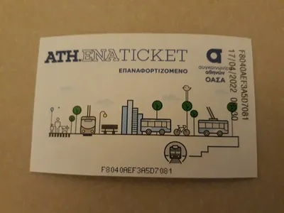 The reloadable paper ATH.ENA ticket — bought from a machine and loaded with 90-minute or 24-hour products