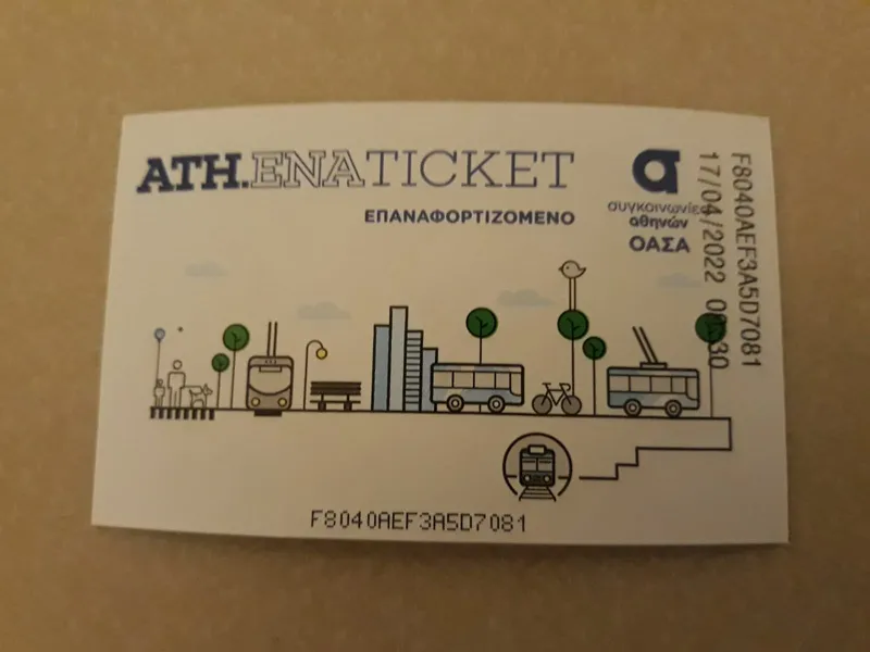 The reloadable paper ATH.ENA ticket — bought from a machine and loaded with 90-minute or 24-hour products
