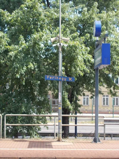 The name sign at Ferihegy, the railway stop next to the airport, marked with an aeroplane. The discounted 200E ticket sold together with a Ferihegy train ticket is valid only between this station and Terminal 2.