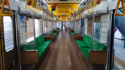 Inside a current KRL car: all longitudinal seating and a wide standing area