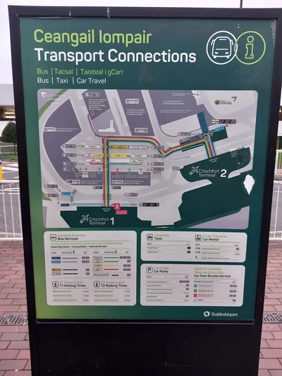 The airport's own connections board maps each operator to a pickup zone: Dublin Express at zones 1 and 21, Dublin Bus and Go-Ahead at zone 15.
