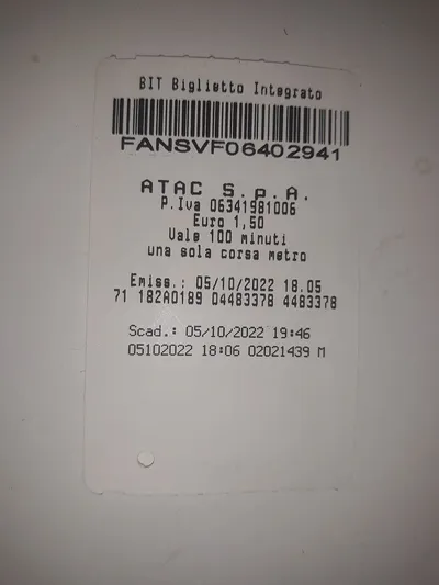 A validated BIT ticket, printed "Euro 1,50 / Vale 100 minuti / una sola corsa metro"