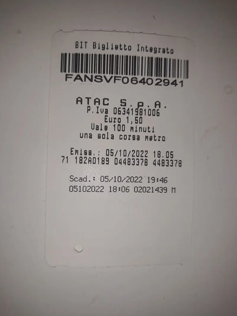 A validated BIT ticket, printed "Euro 1,50 / Vale 100 minuti / una sola corsa metro"