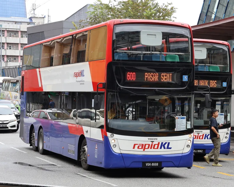 Rapid KL double-deckers at Pasar Seni bus terminal — the LED above the windscreen shows the route number and destination (600 PASAR SENI)