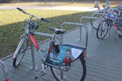 A Veturilo bike. The black O-lock above the rear wheel opens when you rent, and closing it by hand at a station ends the ride.