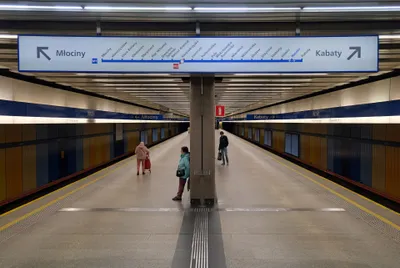 Direction sign on the platform at Natolin: the whole M1 line on one strip, with the M2 interchange marked at Świętokrzyska.
