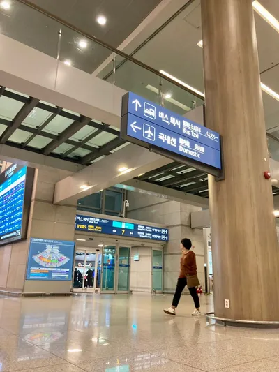 The arrivals level at Incheon T1. The overhead sign points to 버스, 택시 (bus and taxi) and 국내선 (domestic); the door band beyond also flags the Airport Railroad.