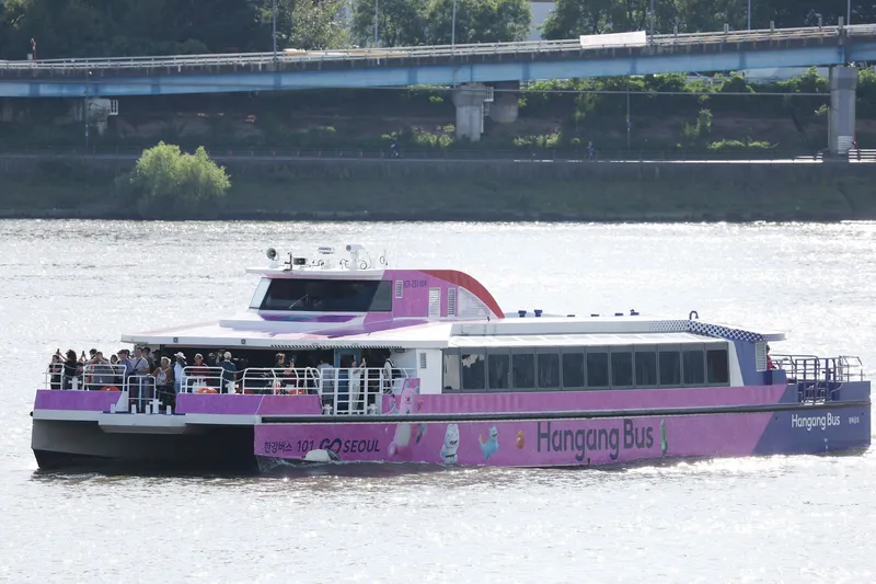 A Hangang Bus catamaran; the deck space forward is open air. Liveries differ from boat to boat - this is the illustrated No. 101, while others run in plain white.