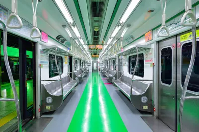 Inside a train — the route map and next-station display above the doors show where you are