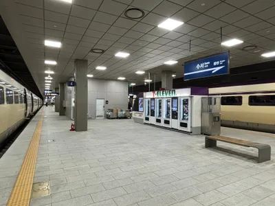The SRT platform at Suseo. The overhead sign points 수서 Suseo / 동탄 Dongtan, and the train on the right is an SRT set. This is the station to use from the Gangnam side.