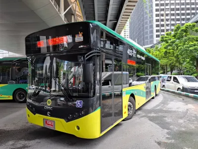 A BRT electric bus — the sticker on the front reads “pay with a Rabbit card”
