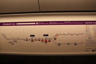 The in-car line diagram — Heathrow has three stations: Terminals 2 & 3, Terminal 4 and Terminal 5
