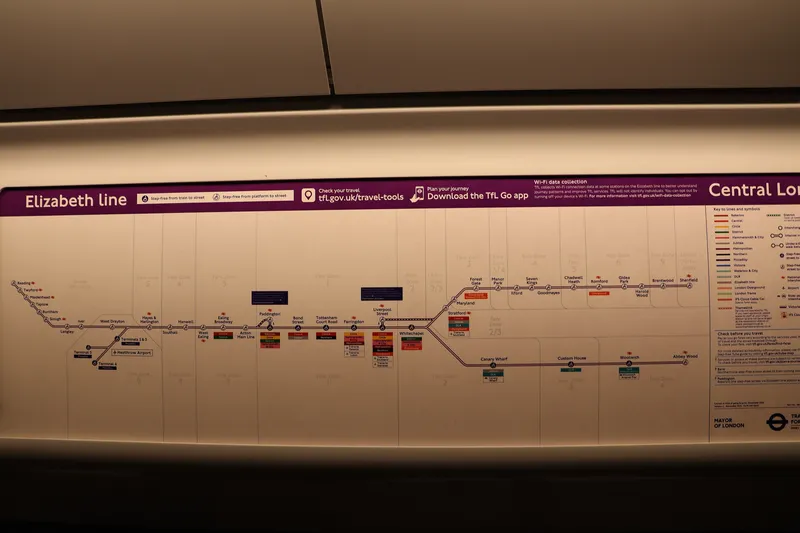 The in-car line diagram — Heathrow has three stations: Terminals 2 & 3, Terminal 4 and Terminal 5