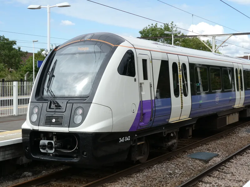 An Elizabeth line Class 345 — the destination reads Paddington