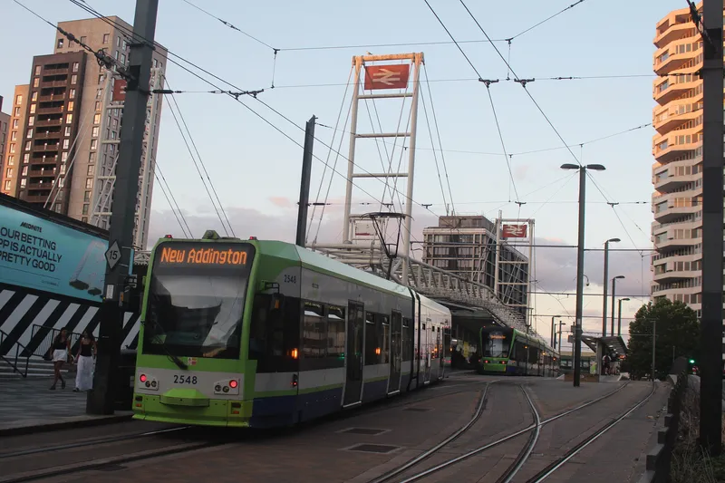 Trams at East Croydon — the leading one shows New Addington