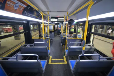 Inside an MTA bus — when the green light comes on, press the yellow strip beside the rear door to open it