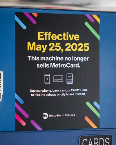 Notice on a Metro-North ticket machine: it stopped selling MetroCard in May 2025 — tap to ride the subway or city buses instead