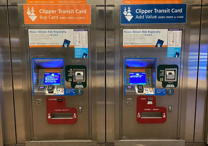 Clipper machines at Embarcadero station — buy a card on the left, add value on the right